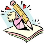 cartoon lady with pencil and notepad